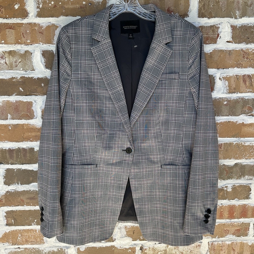 Banana Republic Blazer Size 12 Long Lean Jacket Plaid Gray Pink Wool Blend New